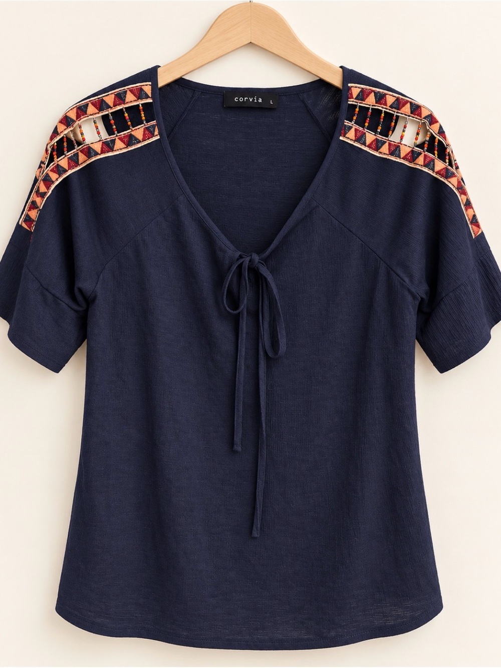 Corvia Navy Tie-Neck Embroidered Shoulder Top